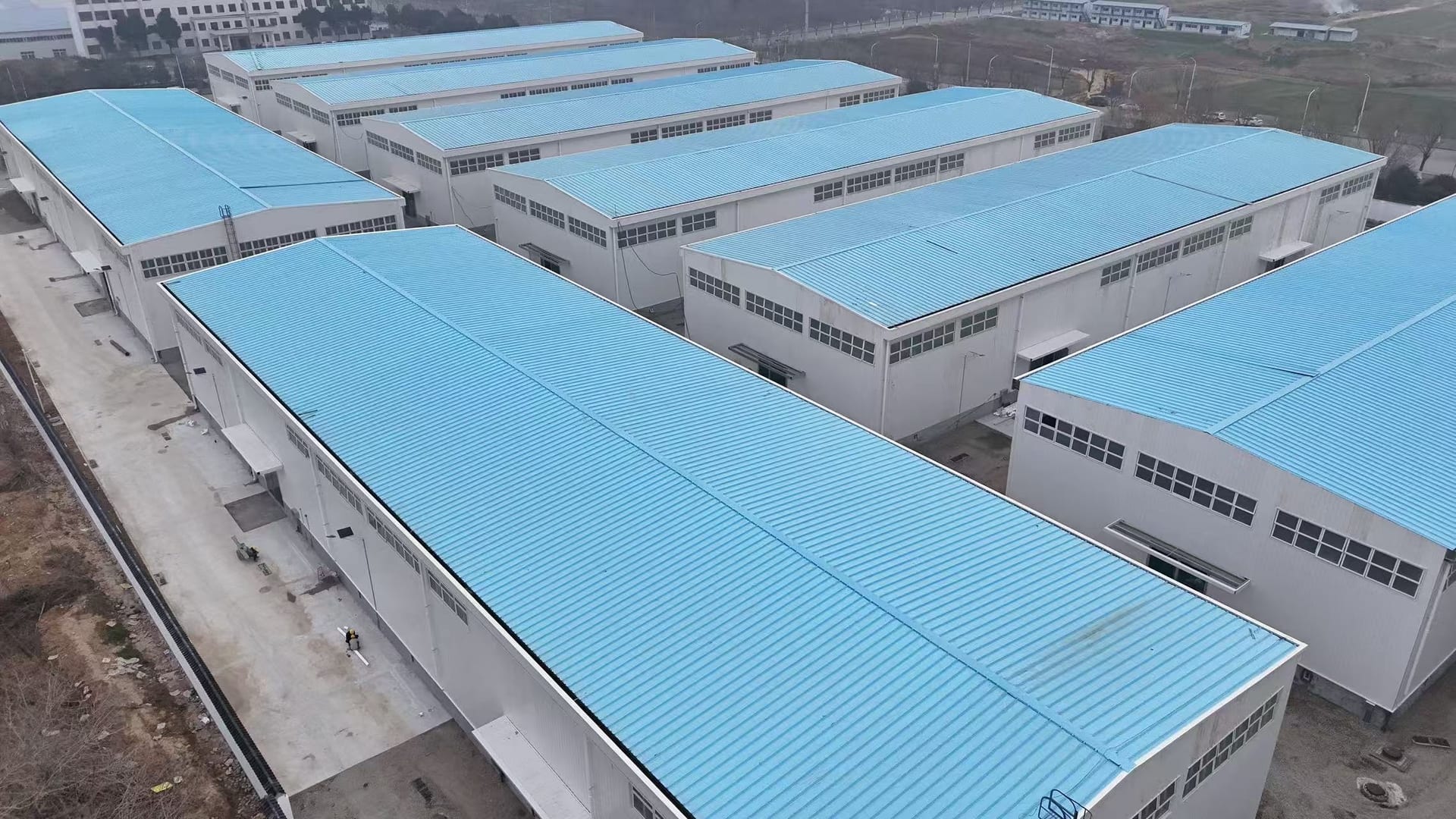 Aerial view of completed steel warehouse buildings